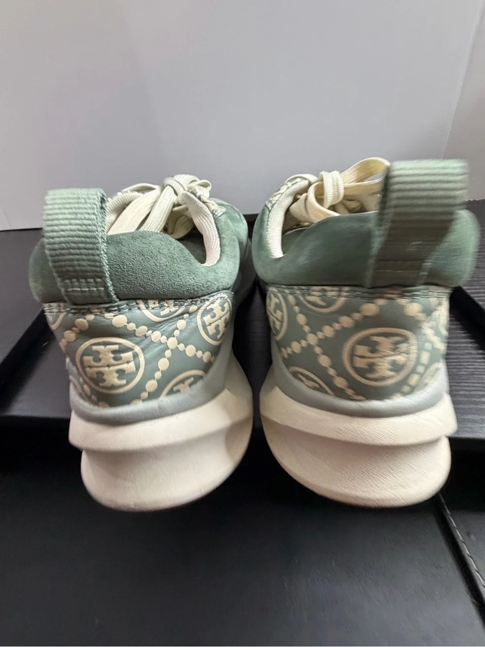 Tory Burch Sage Green Suede Sneakers with Cream Logo Panels